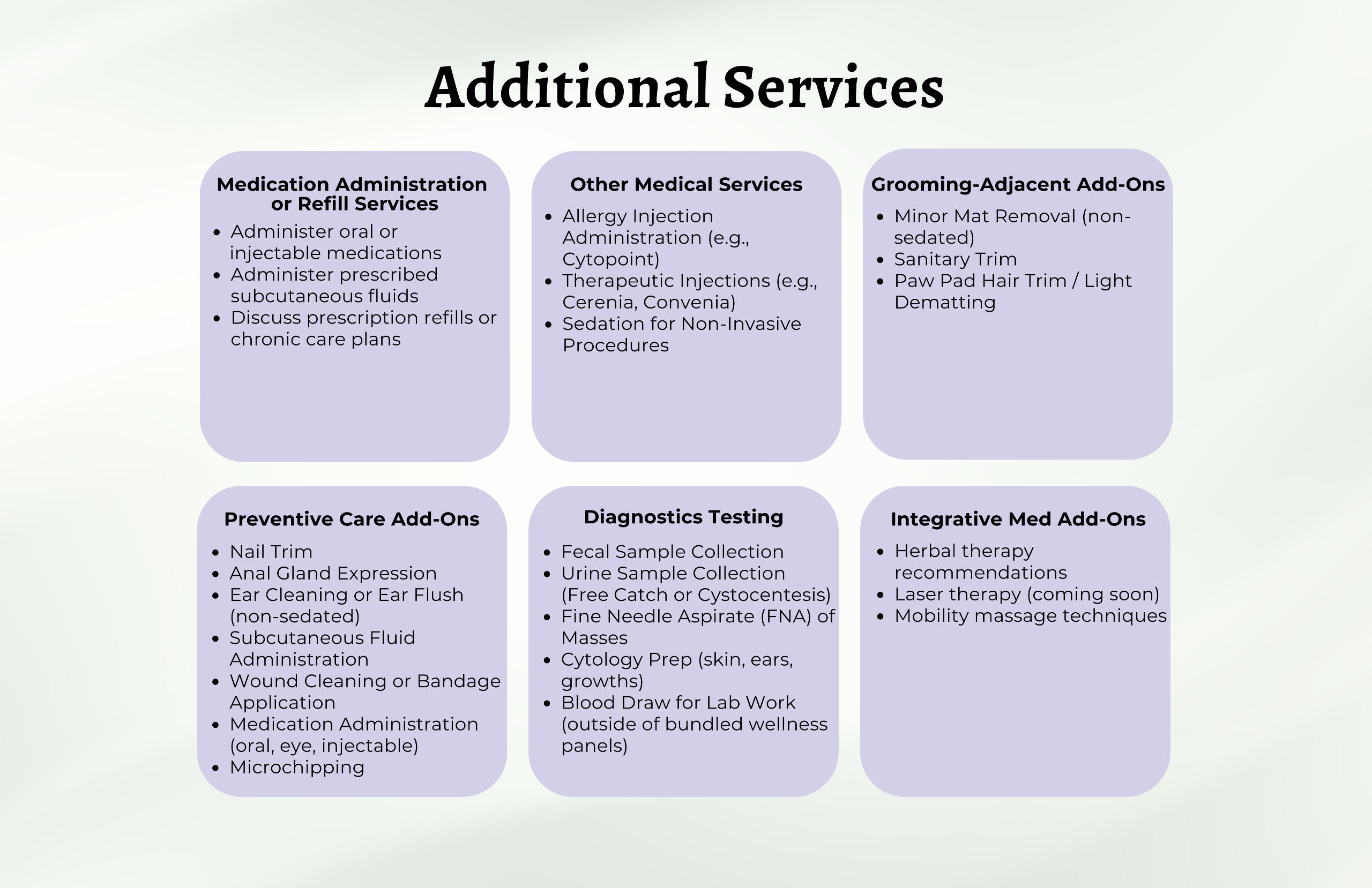 Additional Services that may be added to your pet’s wellness or acupuncture visit for greater convenience and complete care.